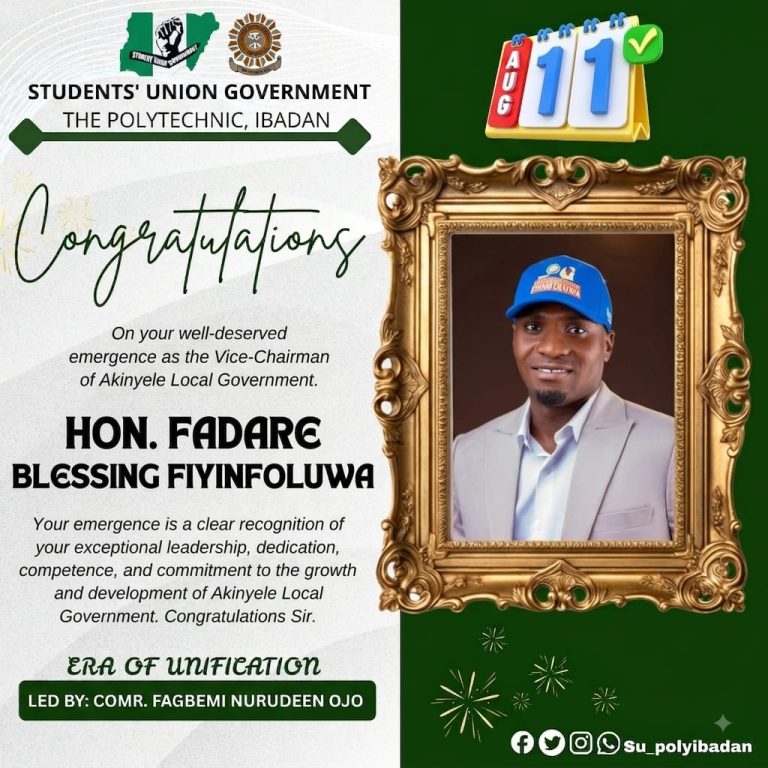 Polytechnic Ibadan SUG Celebrates Fadare Blessing Fiyinfoluwa’s Emergence as APM Vice-Chairmanship Candidate